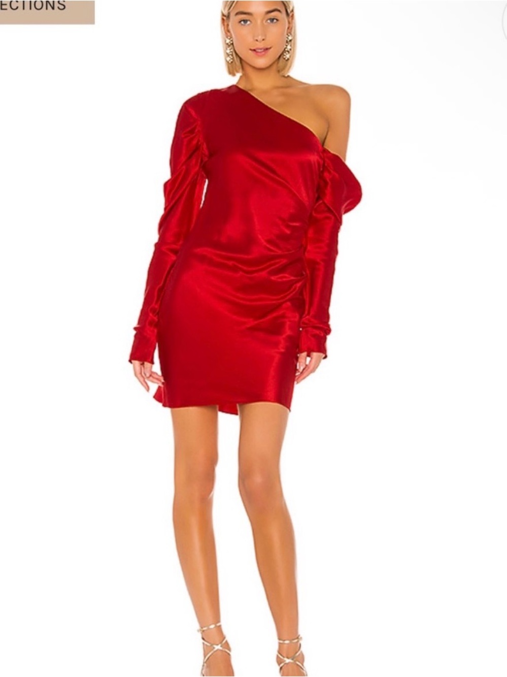 Nwt Michael Lo Sordo silk Red One Shoulder Long Sleeve Ruched Mini Dress Xs 6au
